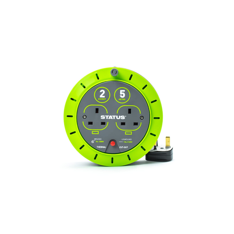 2 Socket Cable Reel | 5m Green Extension Lead | 13A with Thermal Cut Out | Heavy Duty Outdoor Extension Lead | S5M13ACR3
