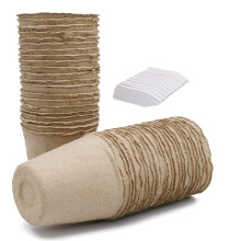 100 Pcs 6cm Fibre Seed Pots Biodegradable Plant Pots Small Seedling Pots with 100Pcs Plastic Plant labels 1x5cm
