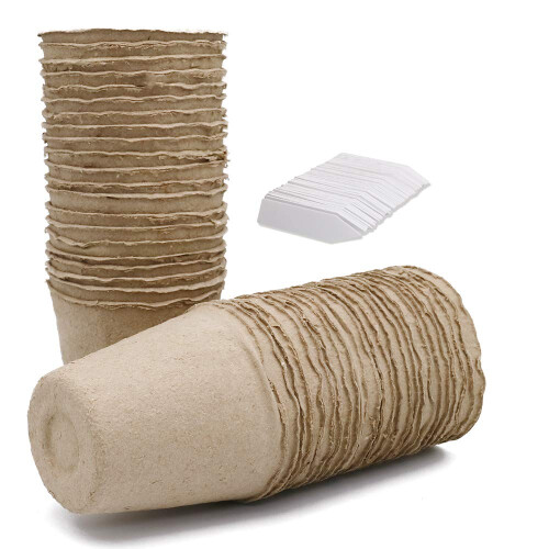 100 Pcs 6cm Fibre Seed Pots Biodegradable Plant Pots Small Seedling Pots with 100Pcs Plastic Plant labels 1x5cm