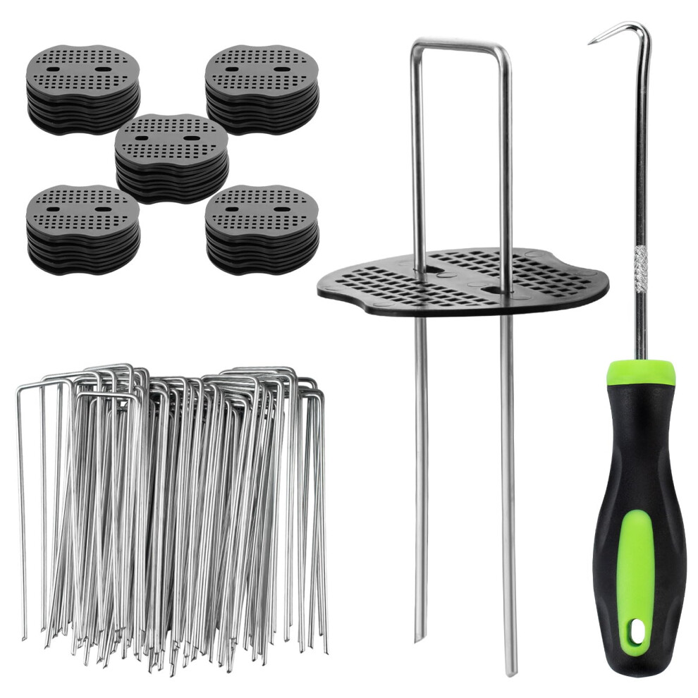 50 Weed Control Membrane Pegs + 50 Buffer Washer, 6"/150mm Weed Mat Pegs, Metal Garden Landscape Staples Artificial Grass Pins Ground Cover Mossing