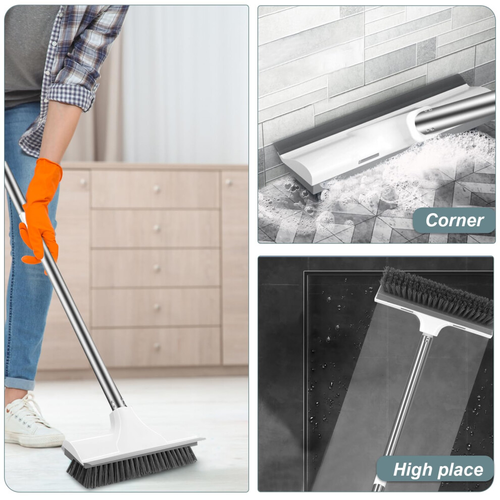 Newthinking Floor Scrubbing Brush With Long Handle, Heavy Duty Stiff Bristle Floor Brush With Squeegee For Cleaning Bathroom Deck Tile Patio, White On