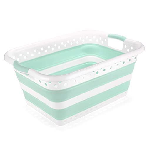 Addis 517934 Foldable Rectangular Laundry Basket, White & Aqua Haze, 45 litre