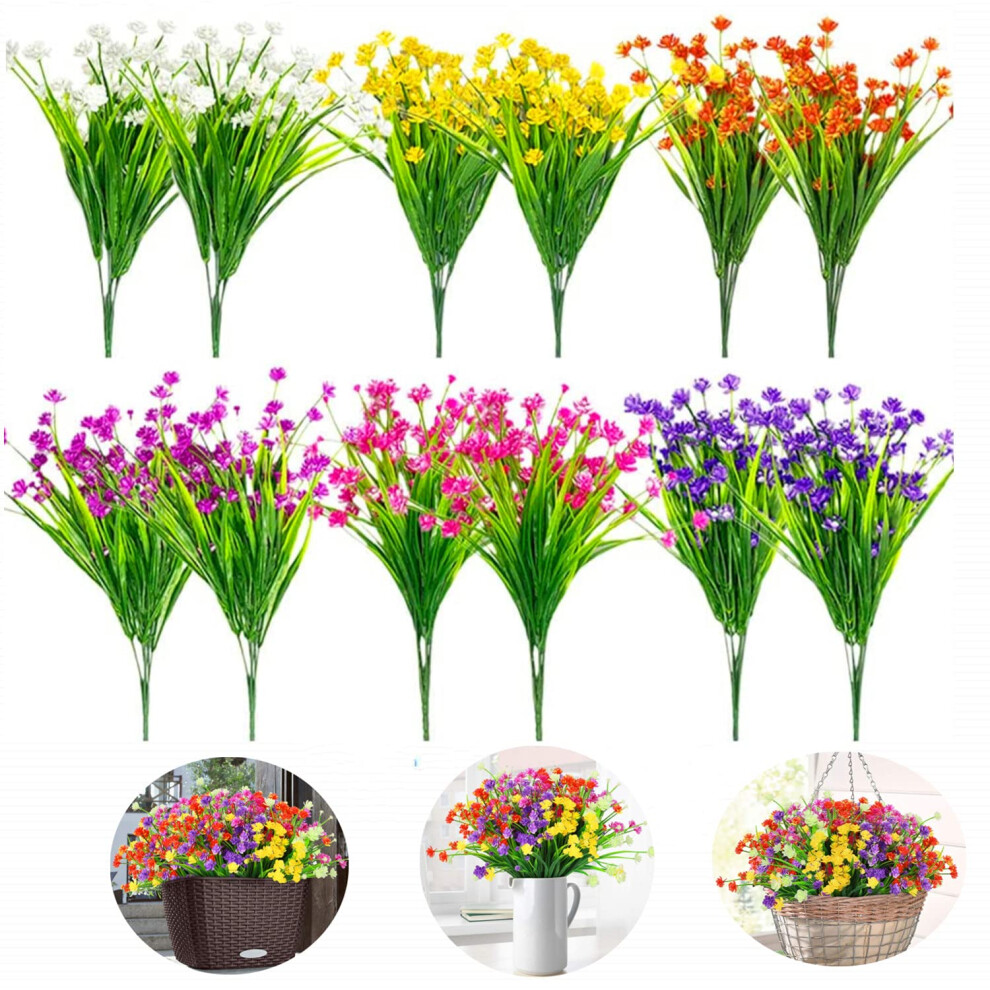 12 Bundles of 6 Colors Artificial Flowers Outdoor UV Resistant Shrubs Plants for Hanging Planter Home Wedding Porch Window Decor