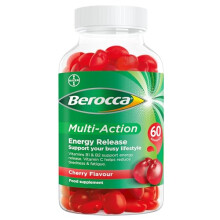 Berocca Multi-Action Gummy Vitamins - Cherry Flavour, 60 Chewables, 10 Essential Vitamins for Energy Release & Reduced Tiredness