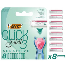 Click 3 Soleil Sensitive Women's Razor Refills, 3 Moveable Blades and Lubricating Strip - Box of 8 Cartridges, Blue