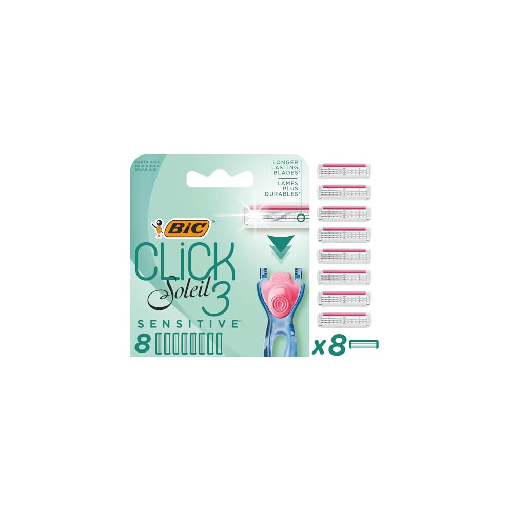 Click 3 Soleil Sensitive Women's Razor Refills, 3 Moveable Blades and Lubricating Strip - Box of 8 Cartridges, Blue