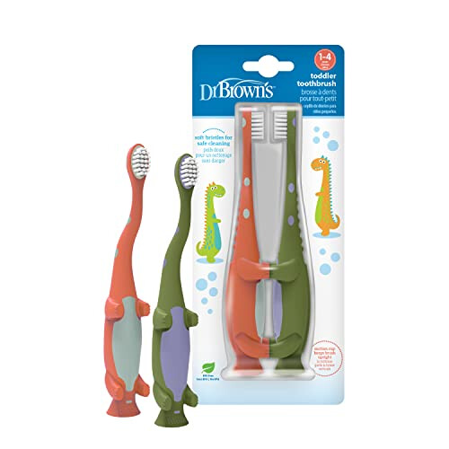 Toddler Toothbrush, Dinosaur, Green and Orange, 2-Pack