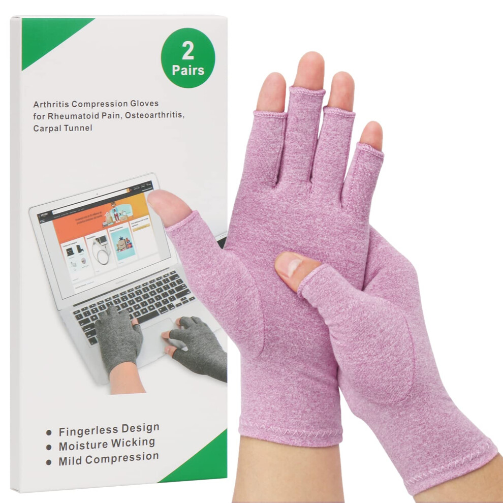 2-Pair Arthritis Compression Gloves for Alleviate Rheumatoid Osteoarthritis, Carpal Tunnel Raynauds Disease, Ease Muscle Tensi on Fingerless,