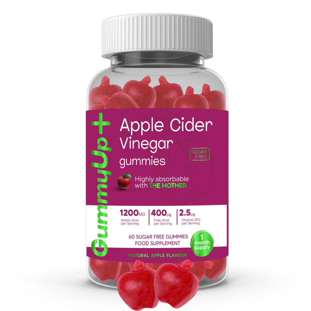 Apple Cider Vinegar Gummies with The Mother, Sugar Free, 1200mg Acetic Acid, 400 μg Folic Acid, 2.5 μg Vitamin B12, 60 Natural Apple Flavoured
