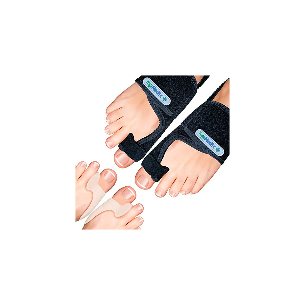 YOGAMEDIC Bunion Corrector Toe Straightener to Relax, Spread and Stretch- 2x Bunion Splints, 2x Silicone Bunion Correctors - Day & Night Time