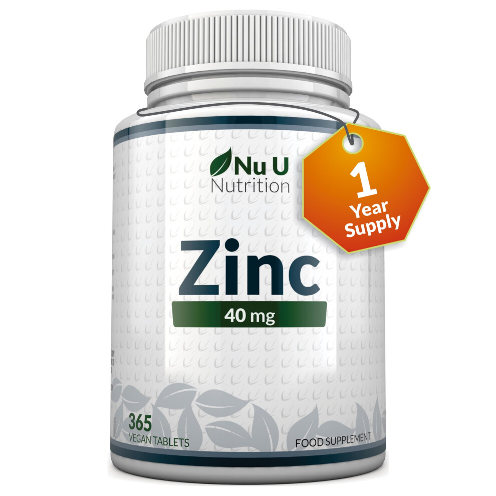 Zinc Tablets 40mg - 365 Vegan Tablets - 1 Year Supply - 1 Easy to Swallow Zinc Gluconate Tablet Per Day - Made in The UK by Nu U Nutrition