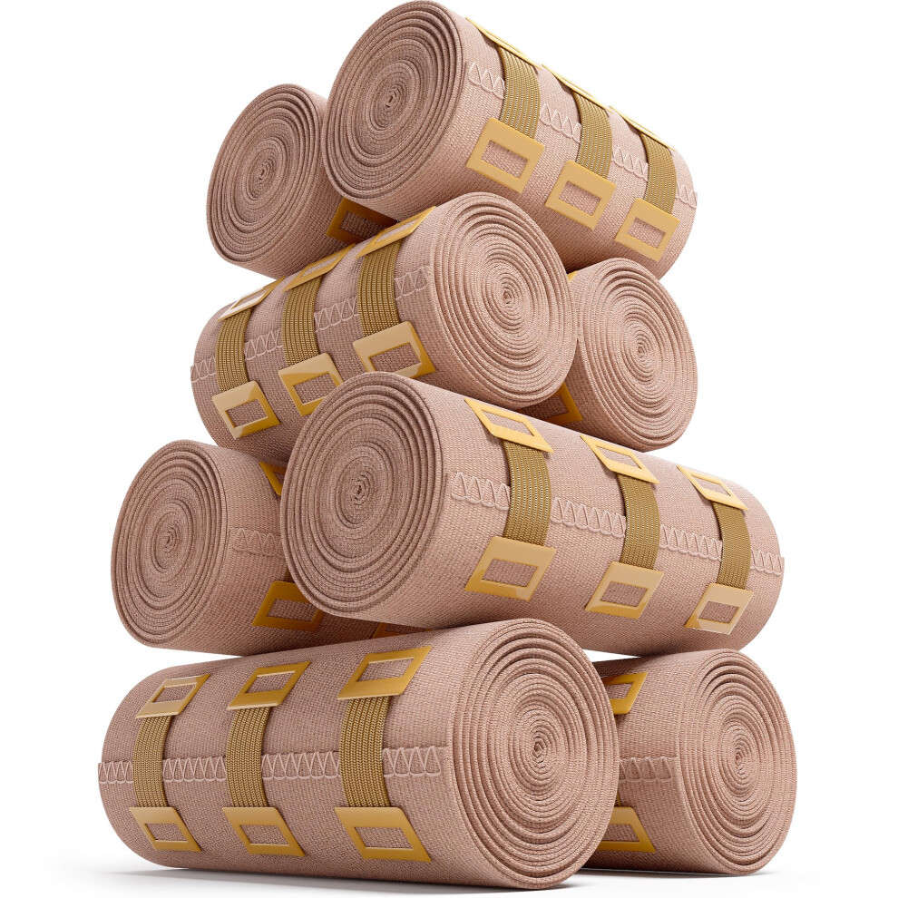 Jfa Medical Elastic Compression Bandage Wrap - 8 Pack + 8 Extra Clips (4 X 7.5Cm X 4.5M & 4 X 10Cm X 4.5M Rolls) - Wrist, Ankle, Hand Knee, Elbow, Shoulder, Feet