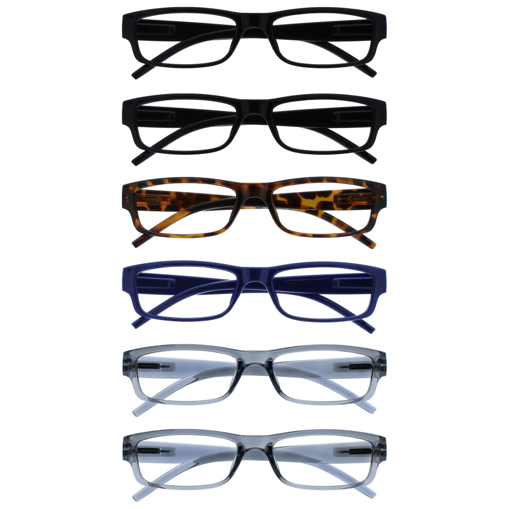Ace Reading Glasses 6 Pack Classic Everyday Narrow Frame Scratch Resistant Spring Hinges Black Brown Blue Grey Mens Womens RRRRRRR32-112377 +1.50