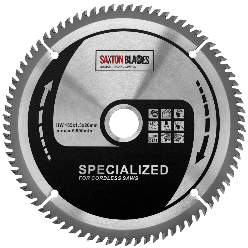 Saxton 165mm x 80T TCT Thin Kerf Fine Cut Cordless Circular Saw Blade Compatible with Dewalt Makita Bosch