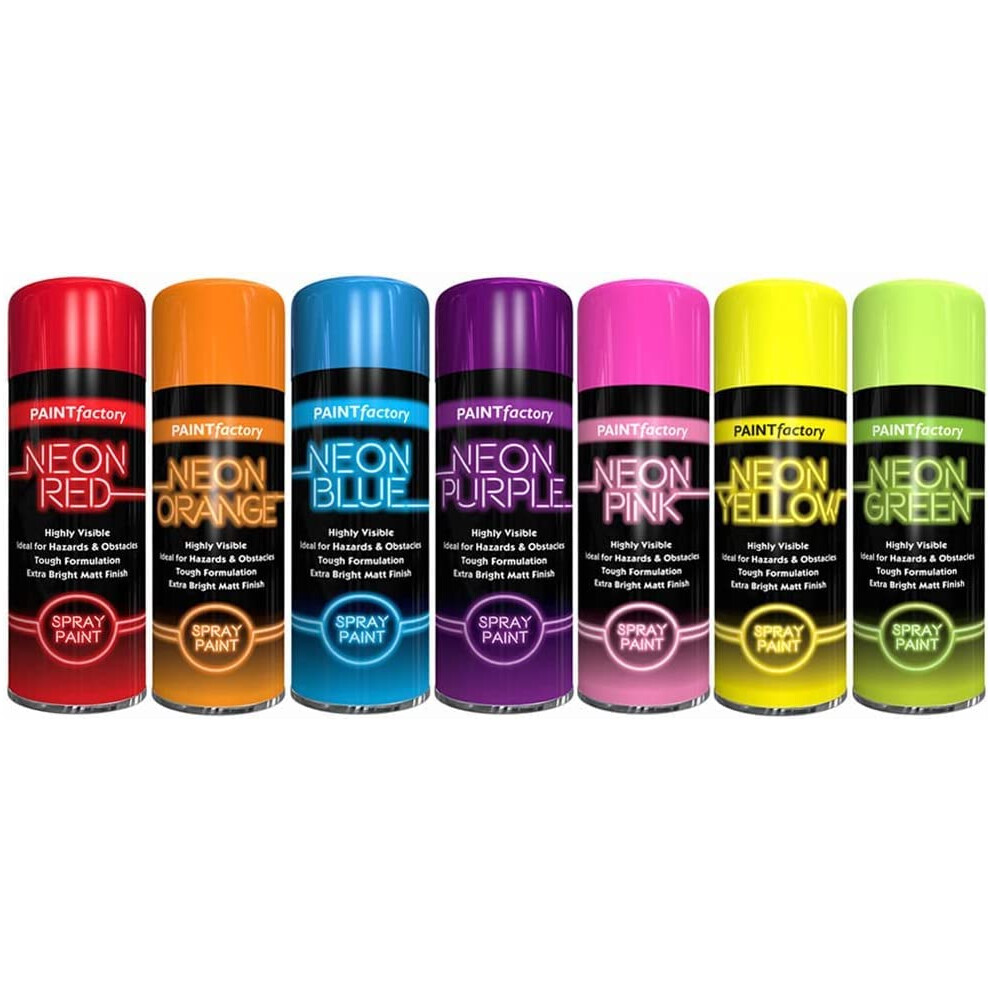 7 x Fluorescent Bright Neon Spray Paint Aerosol DIY Graffiti Extra Bright Assorted Colours Paint Blue Green Orange Pink Yellow Red Purple 200ml