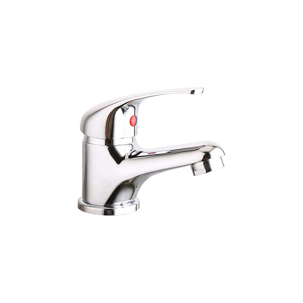 Egham Round Mono Basin Mixer Tap Brass With Spring Plug Push Button Waste 1/2" Bsp Fitting And Flexi Pipes - Chrome 5060446011034