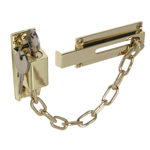 Polished Brass Locking Door Chain, Front Door Security Chain with External Key Unlocking Mechanism.