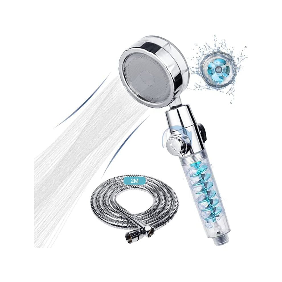 Shower Head and Hose 2M, Universal Shower Heads to Increase High Pressure, Handheld Shower Head with Twin Turbo Fan/Pause Switch/360 Rotating, Water