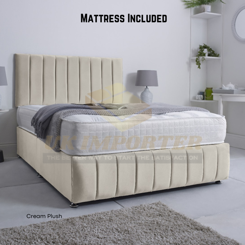Uk Importer (Small Double (With 4 Drawers), Cream Plush) Reinforced Divan Bed Set 26" Headboard Footboard Mattress Double,3Ft,4Ft,5Ft,6Ft Black