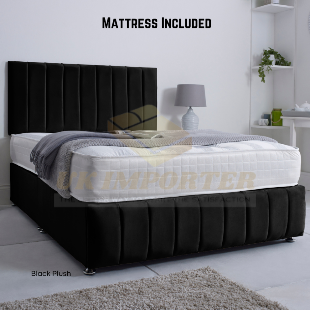 (Double (without Drawer), Black Plush) DIVAN BED VERTICAL PANEL 26"Headboard with Mattress