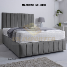 (King (with 2 Drawers), Grey Plush) Reinforced Divan Bed Set 26" Headboard Footboard Mattress Double,3FT,4ft,5ft,6ft