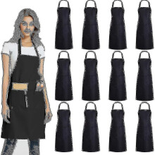 (Black) Evago 12 Pack Plain Bib Aprons With 2 Pockets - Black Unisex Commercial Apron Bulk