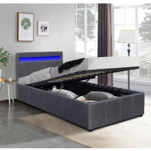 (3ft Single, Dark Grey) Modern Fabric Ottoman Gas Lift Bed Frame With LED