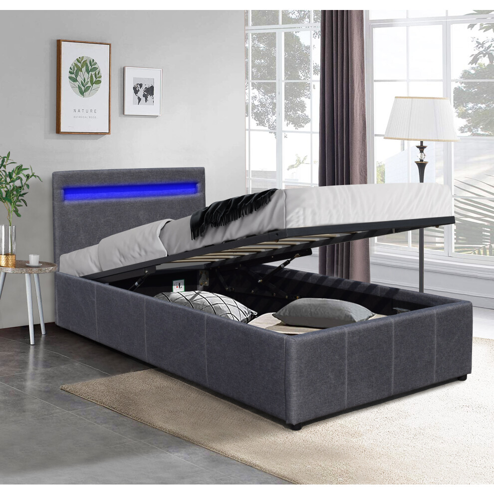 Comfy Living (3Ft Single, Dark ) Modern Fabric Ottoman Gas Lift Bed Frame With Led Grey