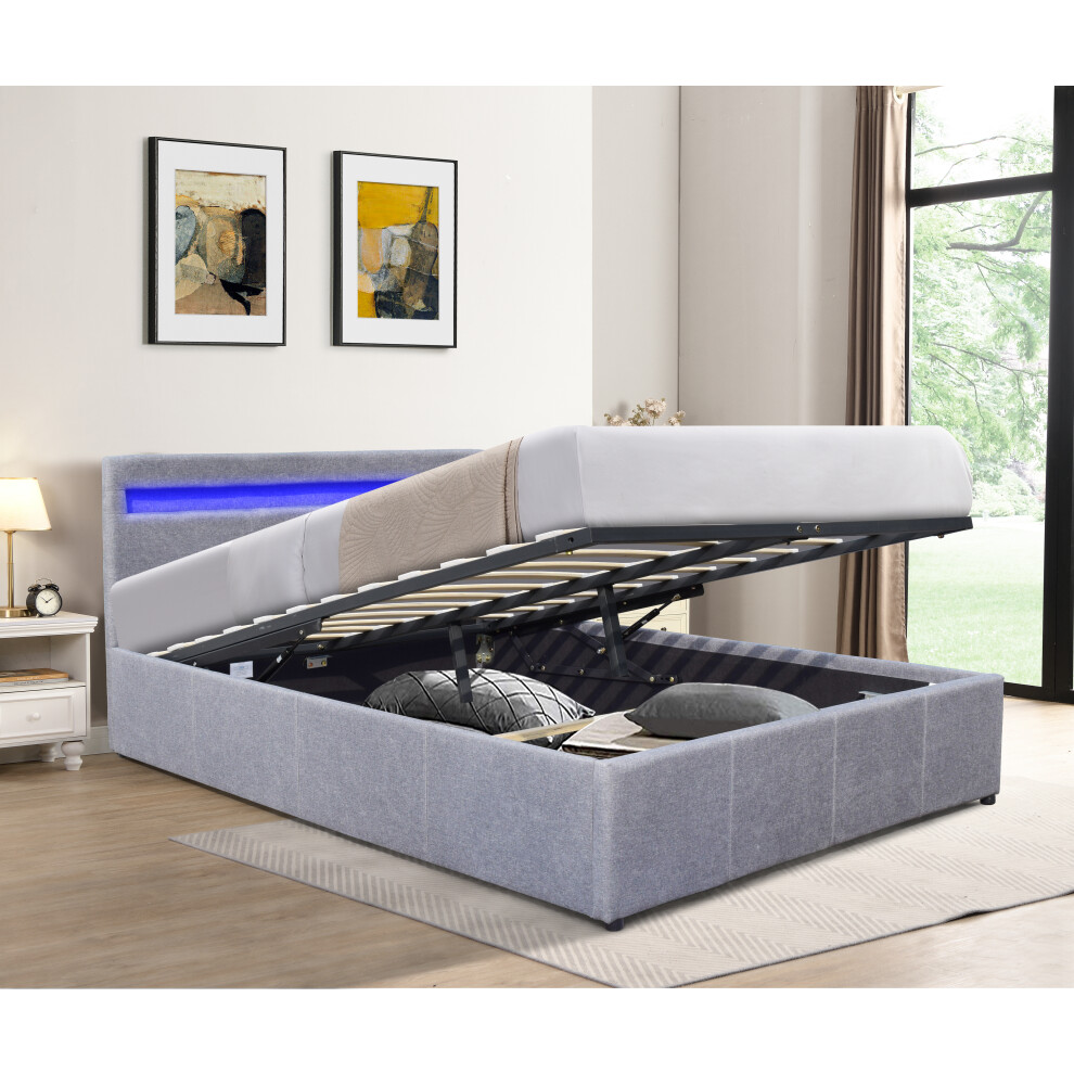 (4ft6 Double, Light Grey) Modern Fabric Ottoman Gas Lift Bed Frame With LED