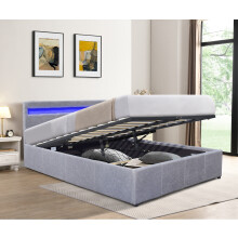 (5ft King Size, Light Grey) Modern Fabric Ottoman Gas Lift Bed Frame With LED