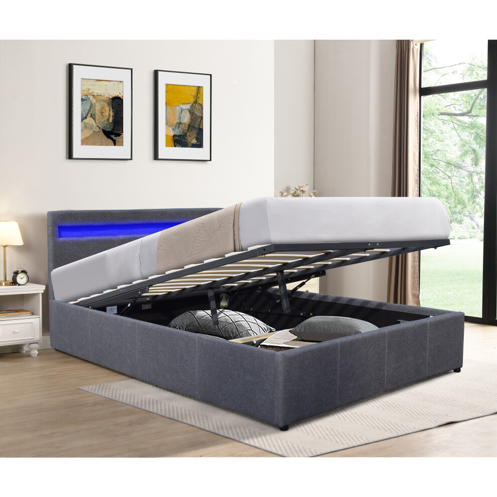 (5ft King Size, Dark Grey) Modern Fabric Ottoman Gas Lift Bed Frame With LED