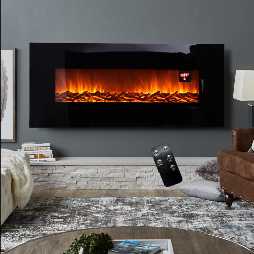 Living And Home Black Electric Fire Wall Mounted Fireplace Temperature Adjustable 50 Inch 2