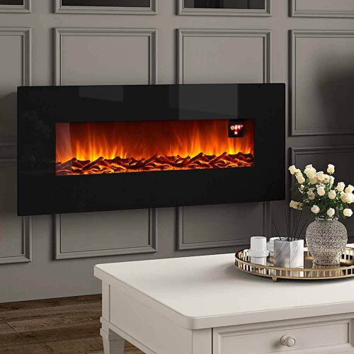 Living And Home Black Electric Fire Wall Mounted Fireplace Temperature Adjustable 50 Inch