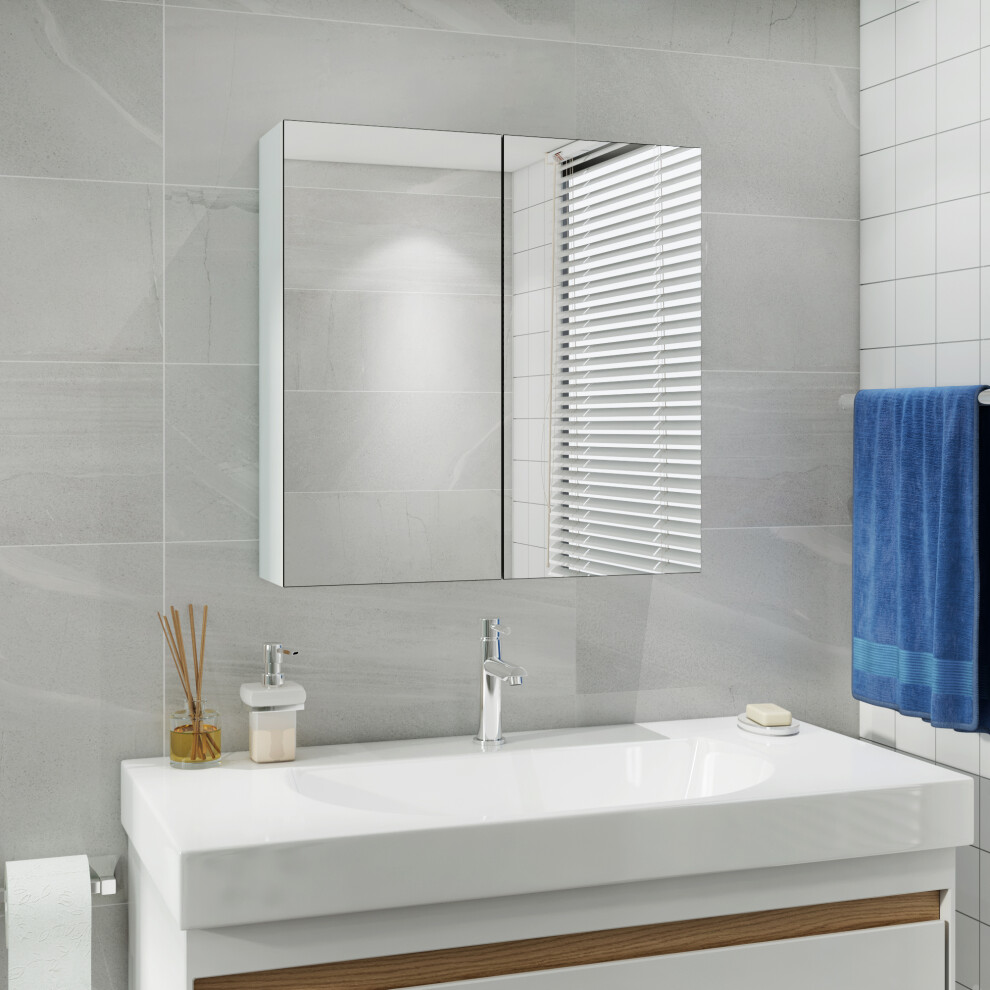 (2-Door 60 x 60 x 15 cm) Bathroom Wall-Mounted Mirror Cabinet White Adjustable Height Shelves Storage Unit