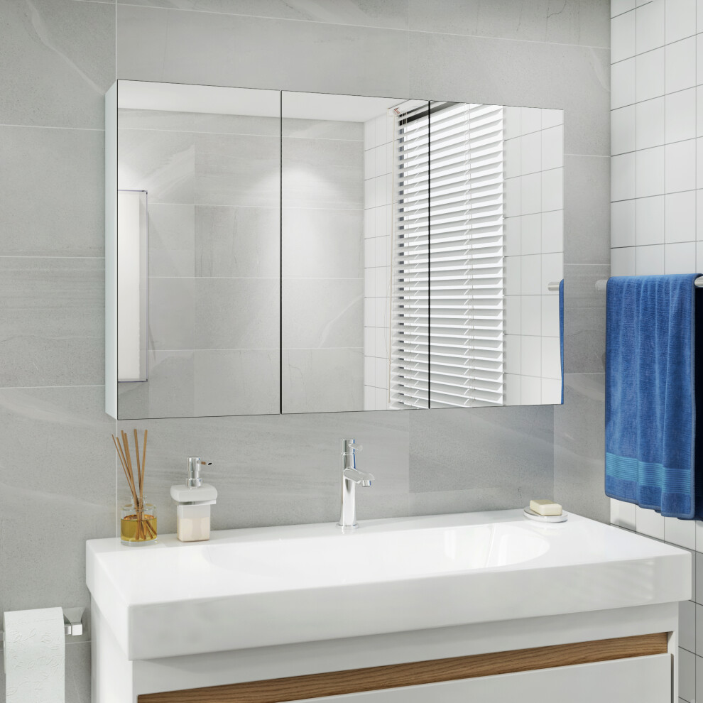 (3-Door 90 x 60 x 15 cm) Bathroom Wall-Mounted Mirror Cabinet White Adjustable Height Shelves Storage Unit