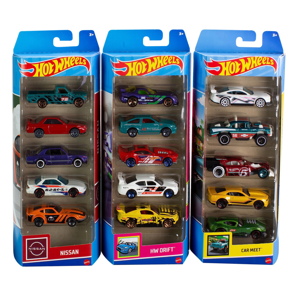 Hot Wheels 5-Pack Bundle of 15 Toy Cars, 3 Themed Packs of 5 1:64 Vehicles, Authentic Details, Realistic Deco, Gift for Collectors and Kids