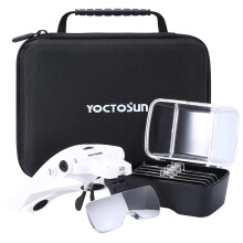 YOCTOSUN Magnifying Glasses with Light, Head Mount Magnifier with 5 Lenses, Headband, Storage Case, Hands Free LED Lighted Head Magnifying Visor)