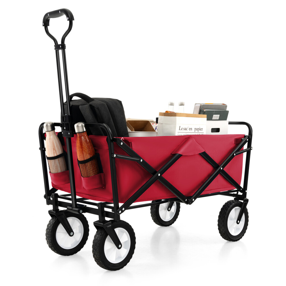 Folding Garden Cart Camping Wheelbarrow W/ Adjustable Handle & Drink Holder (Red)
