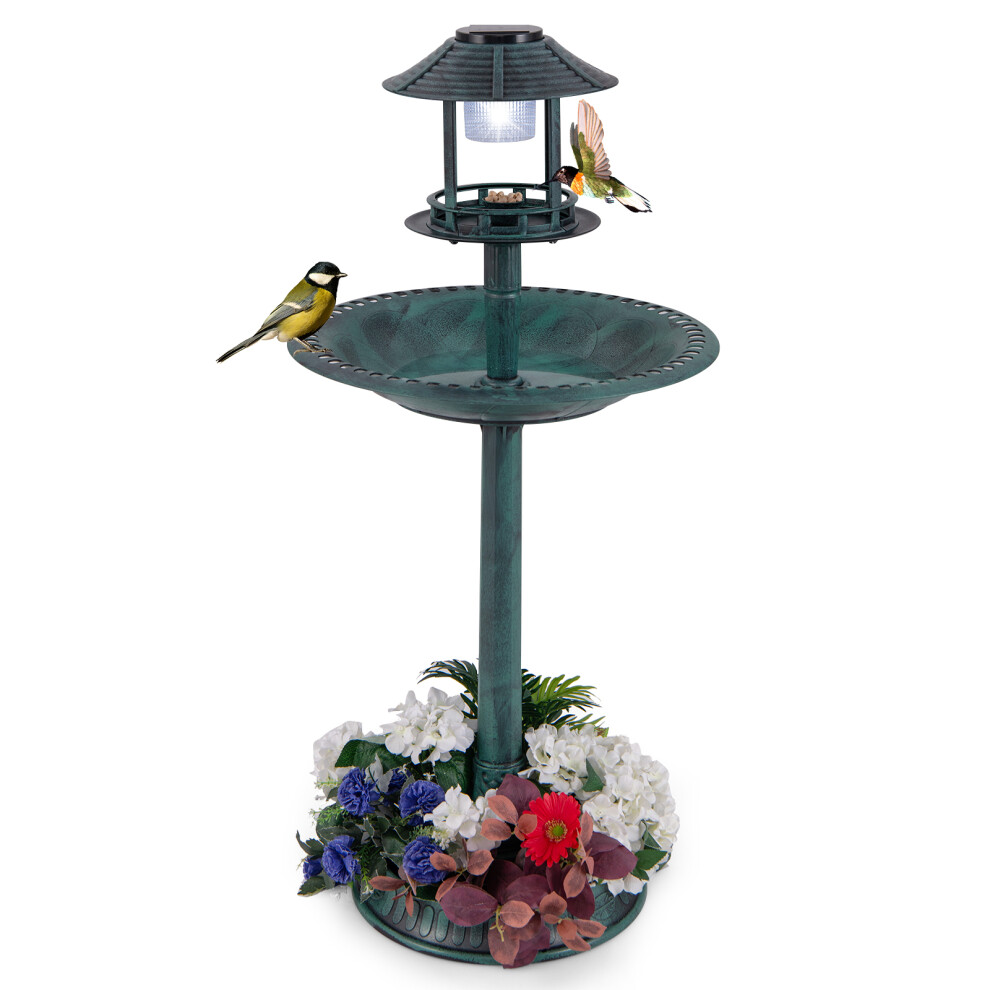 Costway Vintage Bird Bath Solar Lighted Freestanding Bird Feeder W/ Planter