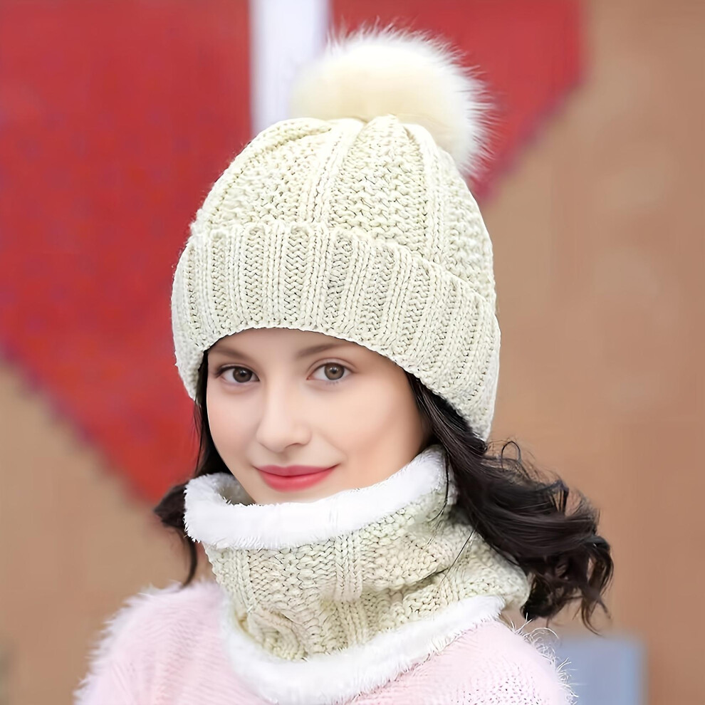 (2 Pcs Winter Neck Warmer & Knit Hat Set, Thicken Plush Windproof & Coldproof Casual Warm Hat Neck Scarf) 2 Pcs Winter Neck Warmer