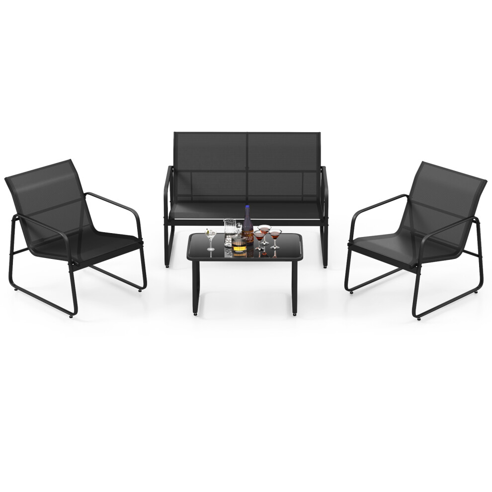 Patio Furniture Set of 4 W/ Glass Coffee Table Armchairs & Loveseat