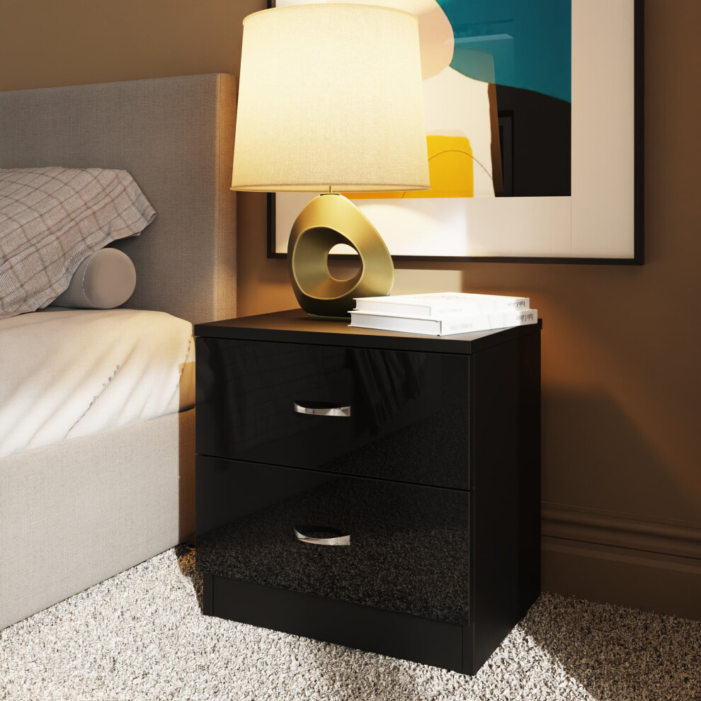 (Black) 2 Drawer Bedside Table Nightstand High Gloss