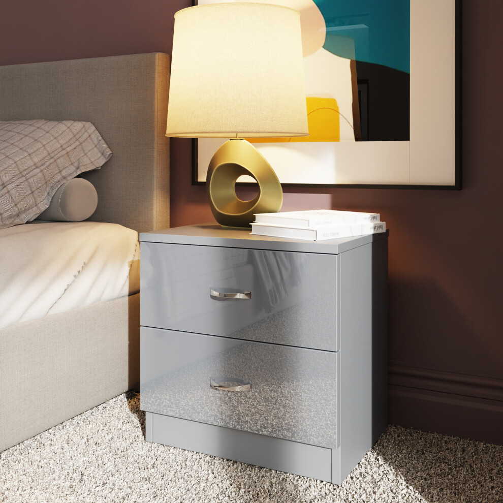 (Grey) 2 Drawer Bedside Table Nightstand High Gloss