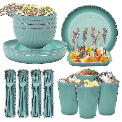 (Green) Unbreakable Dinnerware Sets Camping Plates And Bowls Set Plastic Picnic Dinner Sets