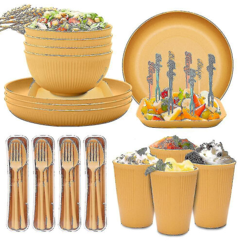 (Yellow) Unbreakable Dinnerware Sets Camping Plates And Bowls Set Plastic Picnic Dinner Sets