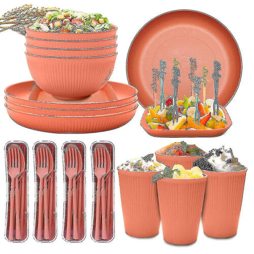 (Orange) Unbreakable Dinnerware Sets Camping Plates And Bowls Set Plastic Picnic Dinner Sets