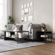 (Black) 100cm Steel Frame Wooden Coffee Table & 2pc 40cm Sofa Side End Table