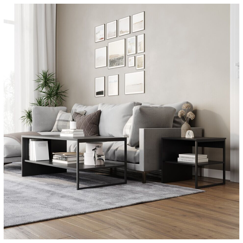(Black) 100cm Steel Frame Wooden Coffee Table & 2pc 40cm Sofa Side End Table