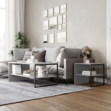 (Grey) 100cm Steel Frame Wooden Coffee Table & 2pc 40cm Sofa Side End Table