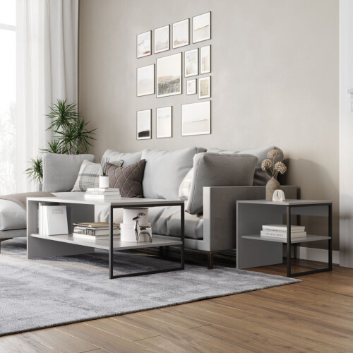 URBN Living (Grey) 100cm Steel Frame Wooden Coffee Table & 2pc 40cm Sofa Side End Table